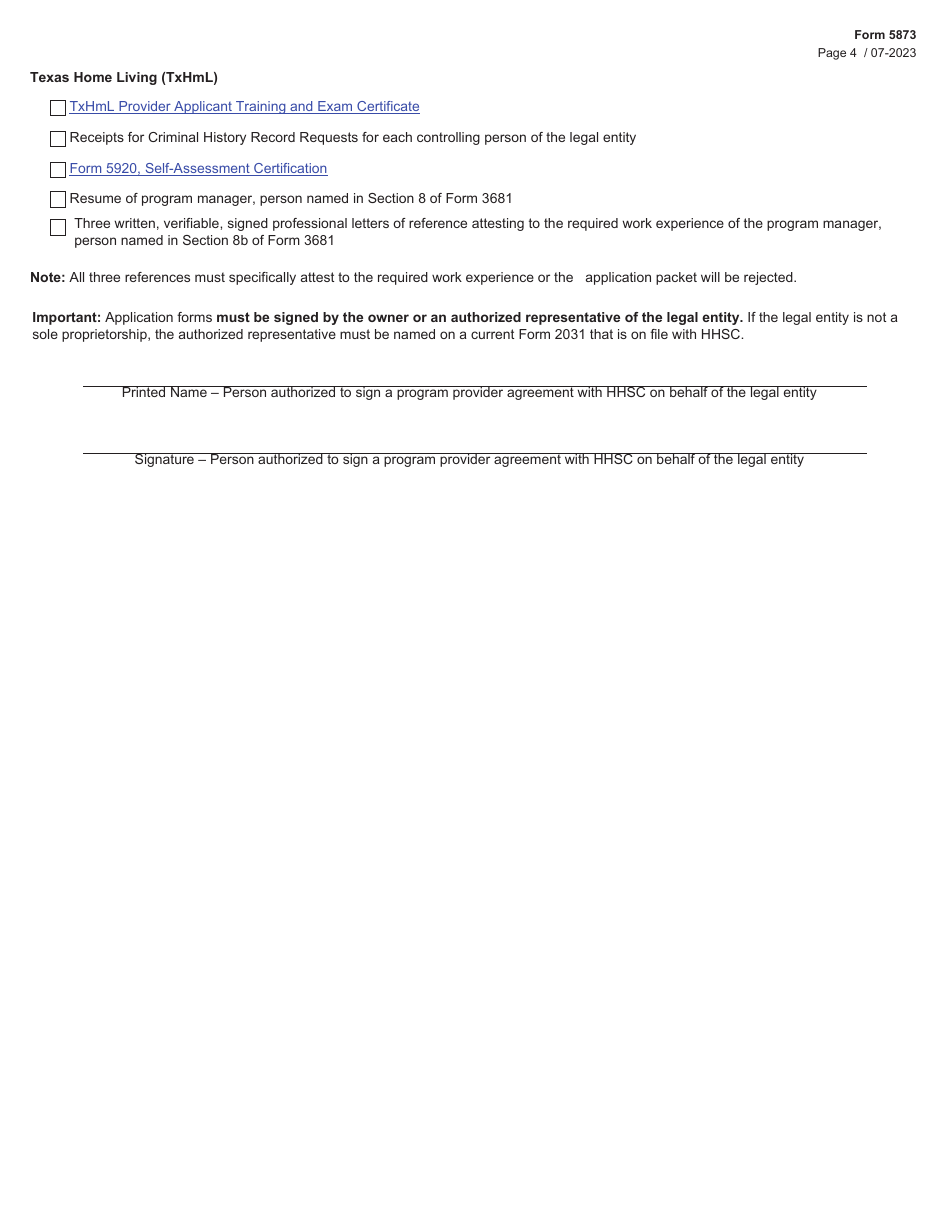 Form 5873 Contract Application Packet Checklist - Waiver and Community-Based Programs and Services - Medicaid and Chip Services - Texas, Page 4
