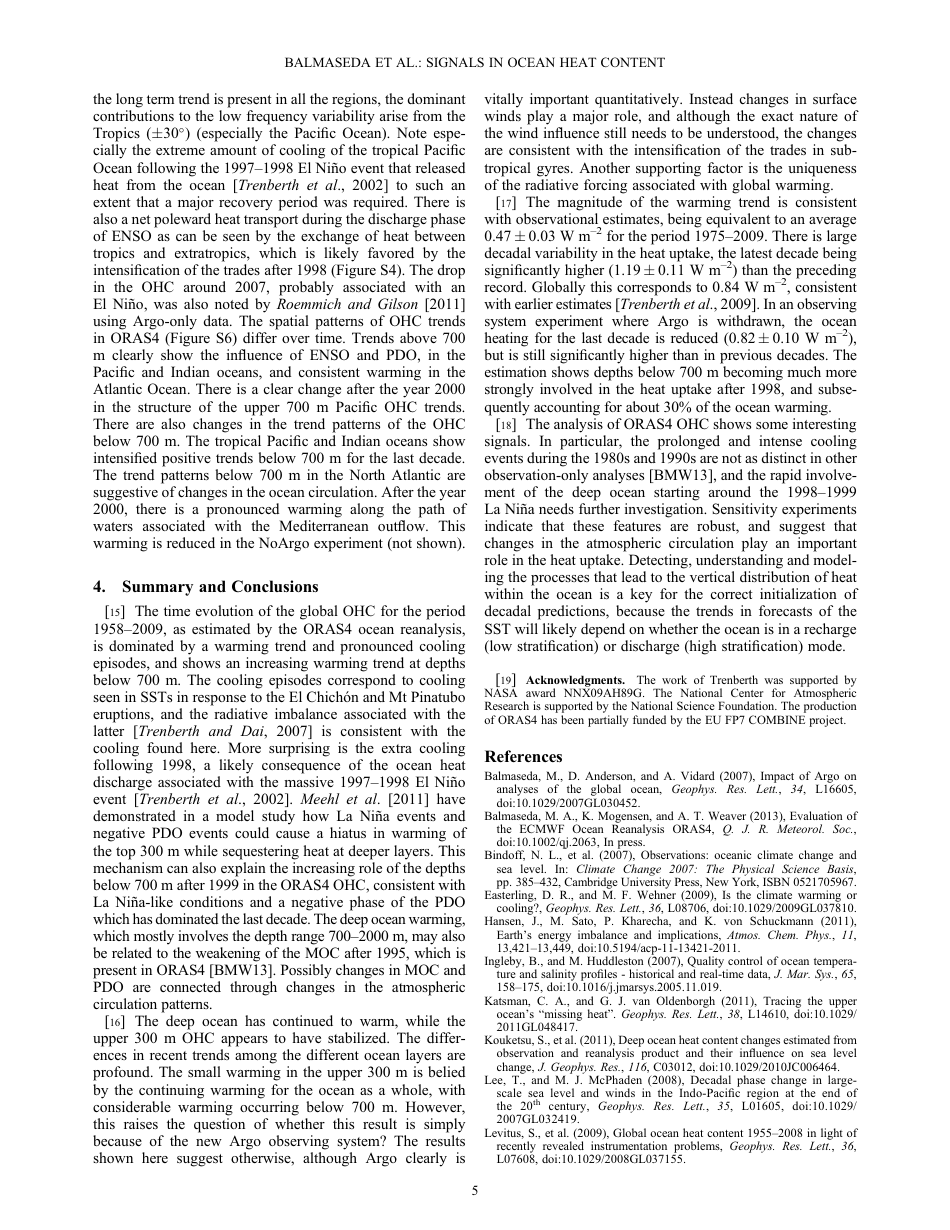 Distinctive Climate Signals in Reanalysis of Global Ocean Heat Content - Magdalena a. Balmaseda, Kevin E. Trenberth, and Erland Kallen, Page 5