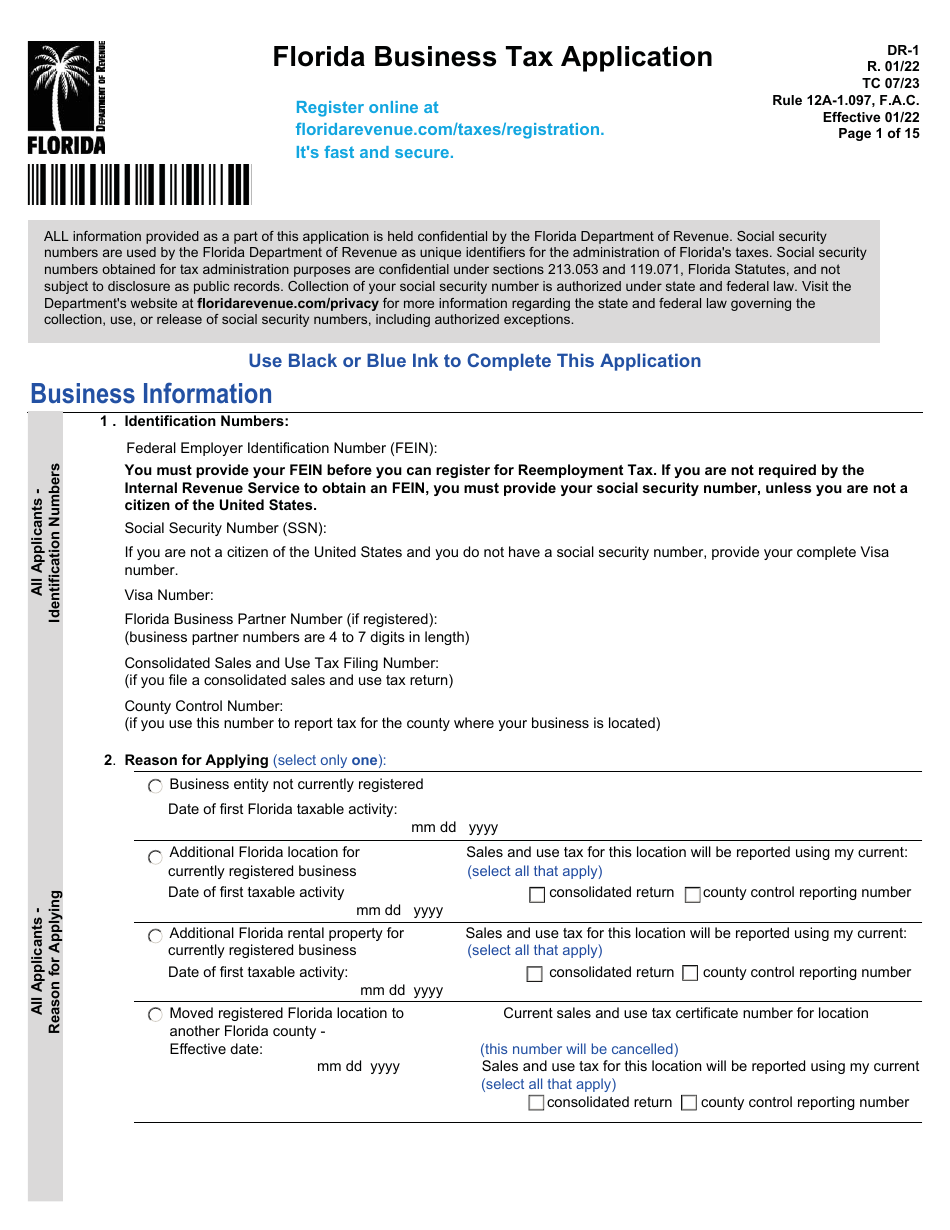 Form DR-1 Florida Business Tax Application - Florida, Page 1