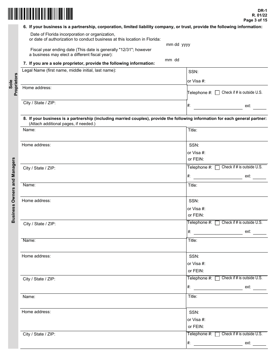 Form DR-1 Florida Business Tax Application - Florida, Page 3