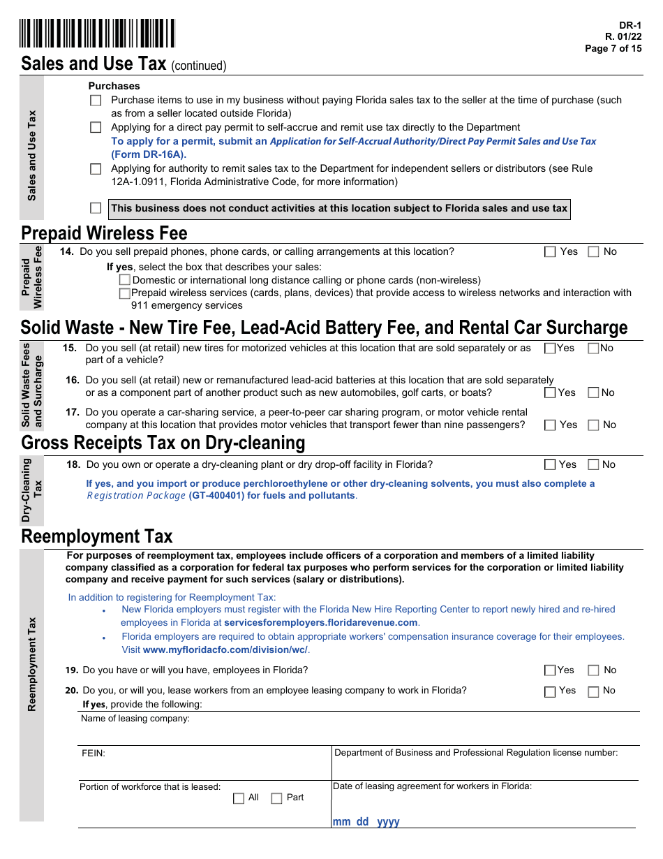 Form DR-1 Florida Business Tax Application - Florida, Page 7