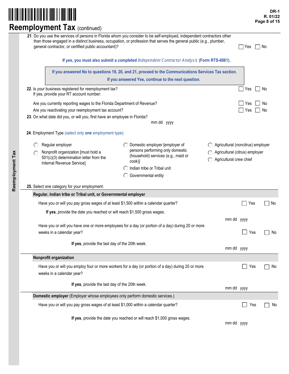 Form DR-1 Florida Business Tax Application - Florida, Page 8