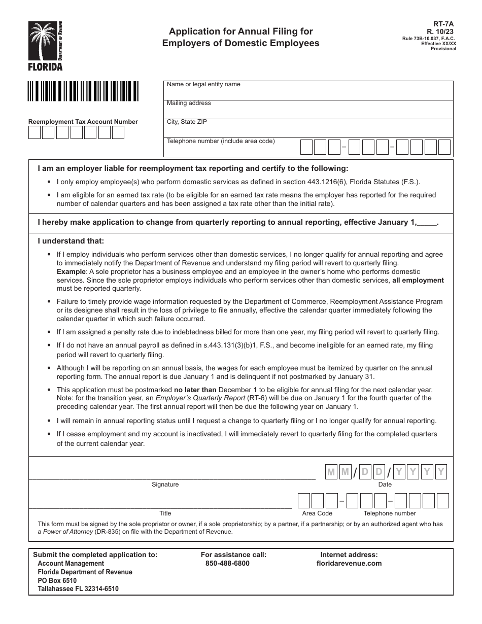 Form RT-7A Application for Annual Filing for Employers of Domestic Employees - Florida, Page 1
