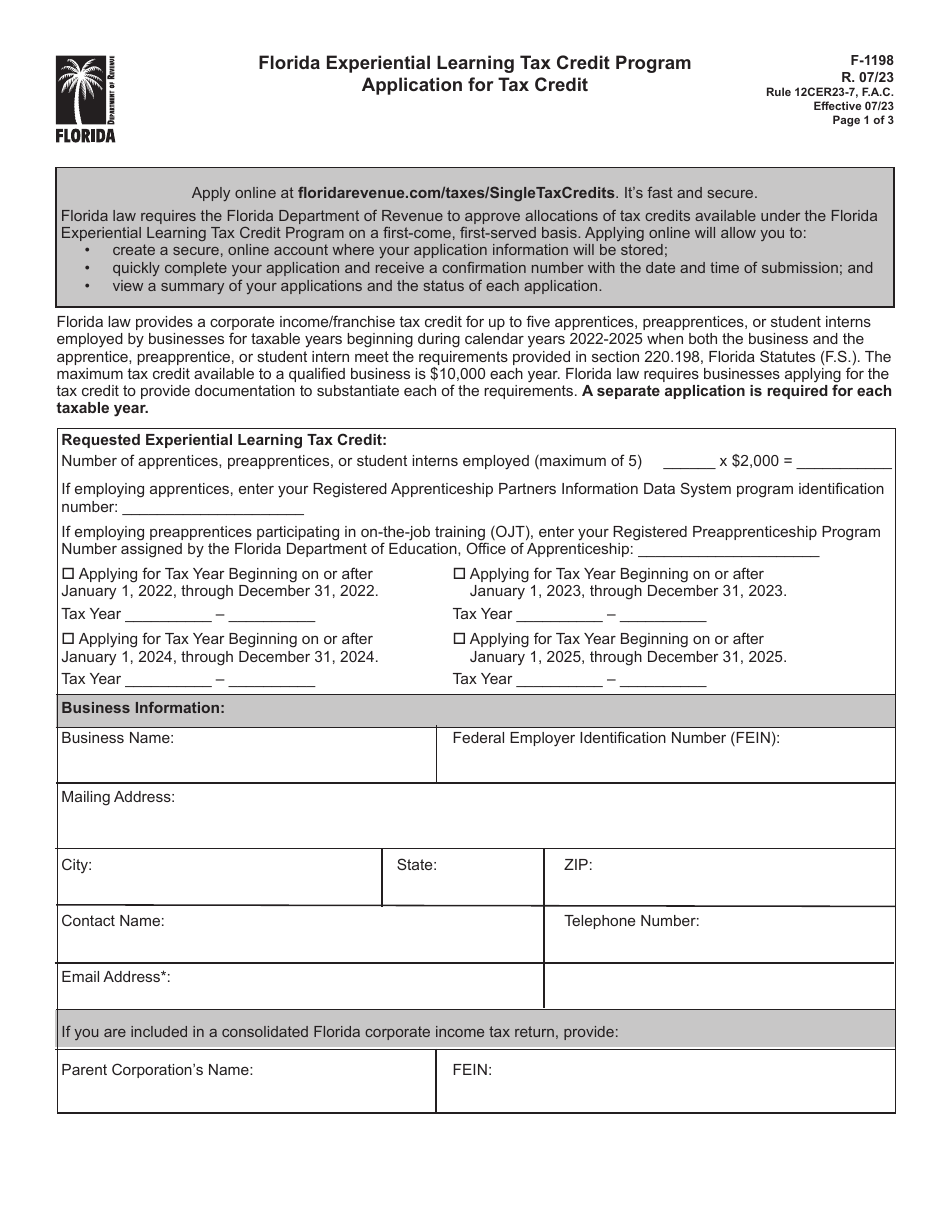 Form F-1198 Application for Tax Credit - Florida Experiential Learning Tax Credit Program - Florida, Page 1