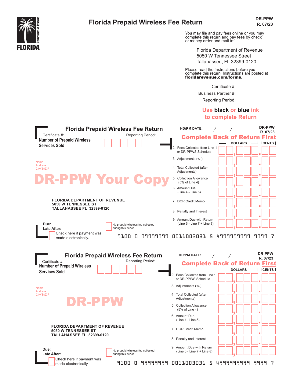 Form DR-PPW Florida Prepaid Wireless Fee Return - Florida, Page 1