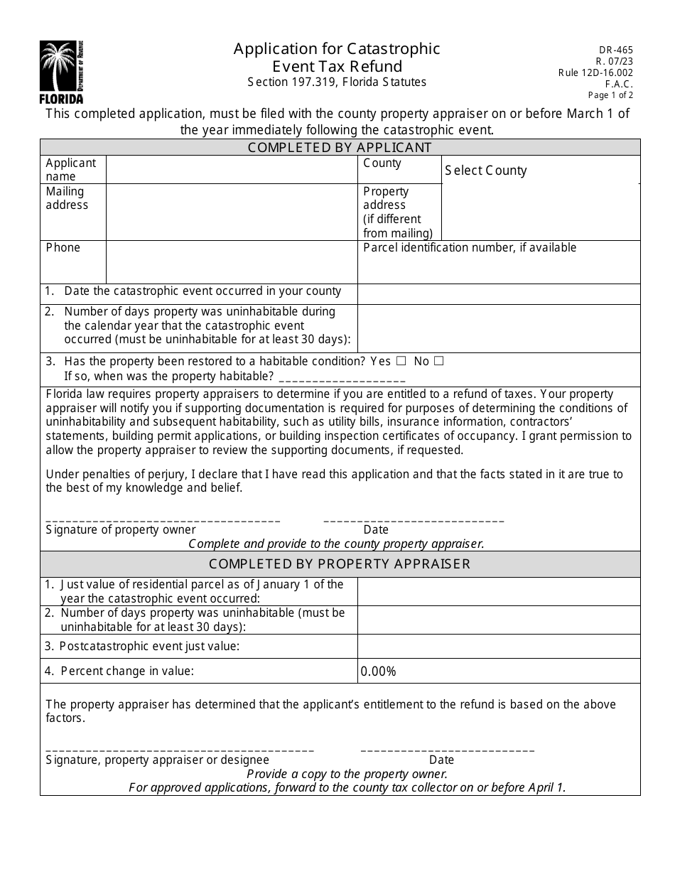 Form DR-465 Application for Catastrophic Event Tax Refund - Florida, Page 1