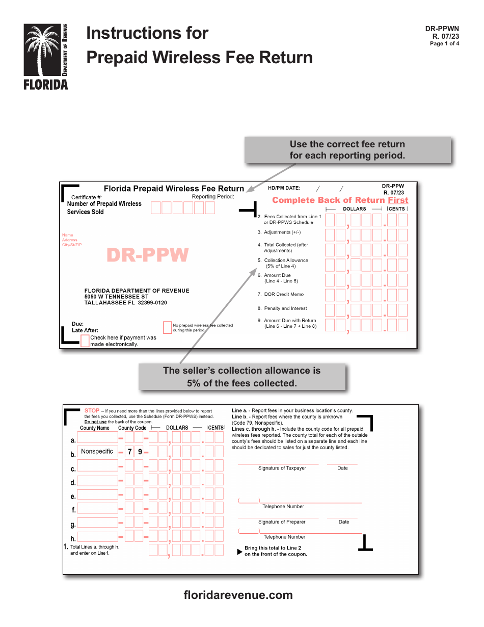 Instructions for Form DR-PPW Florida Prepaid Wireless Fee Return - Florida, Page 1