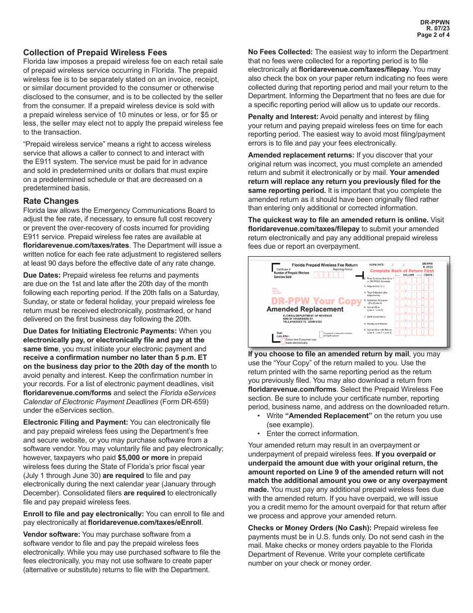 Instructions for Form DR-PPW Florida Prepaid Wireless Fee Return - Florida, Page 2