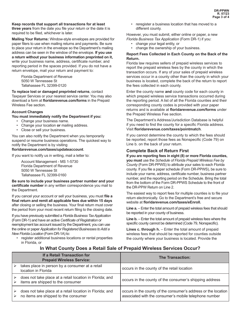 Instructions for Form DR-PPW Florida Prepaid Wireless Fee Return - Florida, Page 3