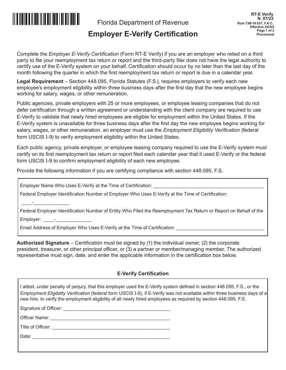 Form RT-E VERIFY Employer E-Verify Certification - Florida, Page 1