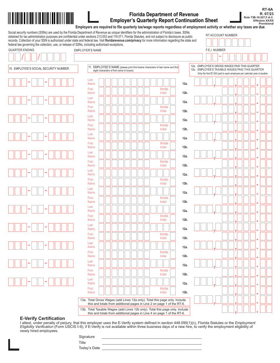 Form RT-6A Employers Quarterly Report Continuation Sheet - Florida, Page 1