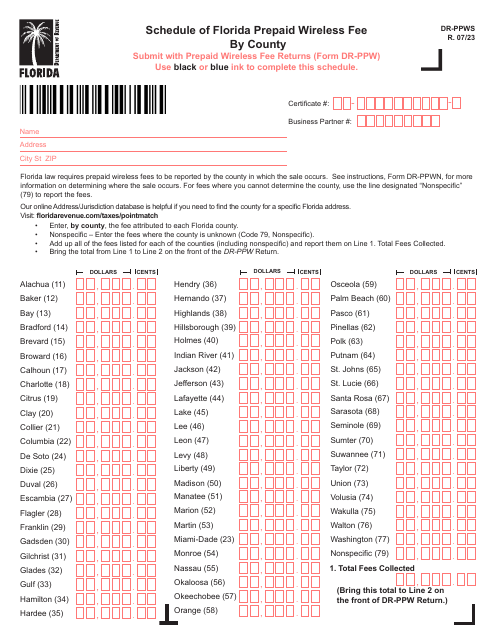 Form DR-PPWS Schedule of Florida Prepaid Wireless Fee by County - Florida