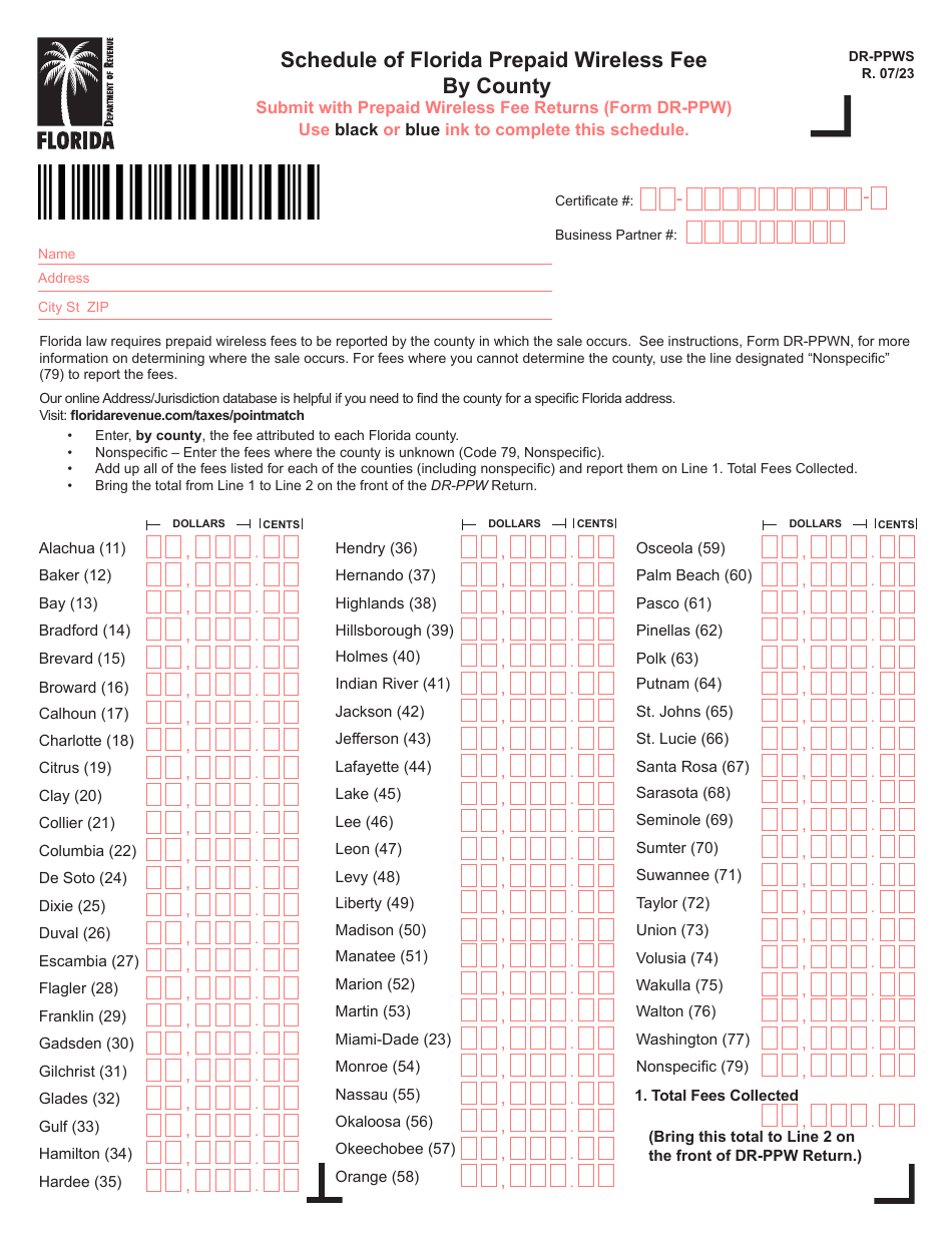 Form DR-PPWS Schedule of Florida Prepaid Wireless Fee by County - Florida, Page 1