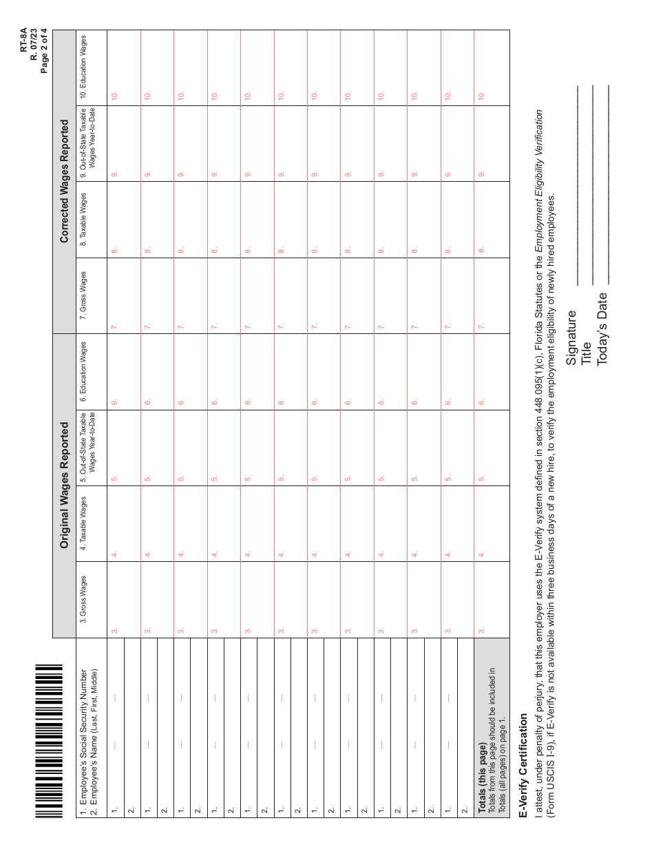 Form RT-8A Correction to Employers Quarterly or Annual Domestic Report - Florida, Page 2