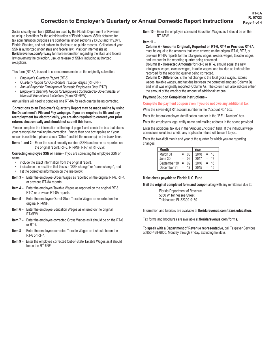 Form RT-8A Correction to Employers Quarterly or Annual Domestic Report - Florida, Page 4