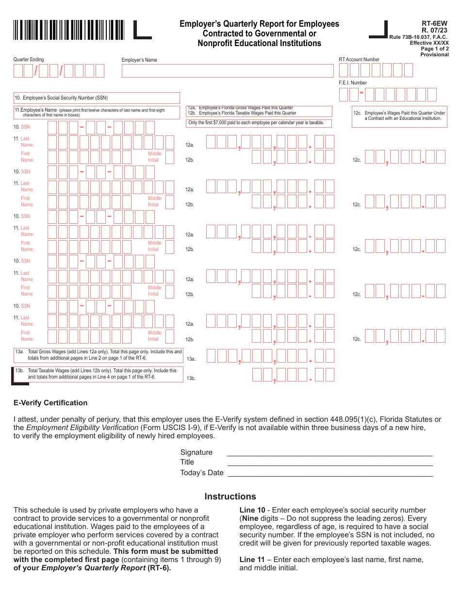 Form RT-6EW Download Printable PDF or Fill Online Employer's Quarterly ...