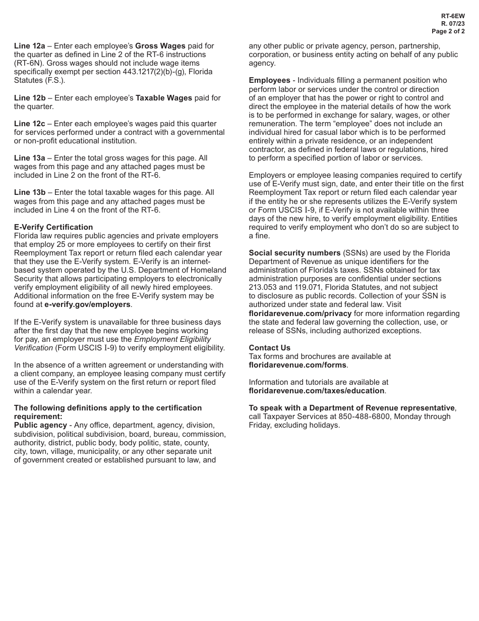 Form RT-6EW Employers Quarterly Report for Employees Contracted to Governmental or Nonprofit Educational Institutions - Florida, Page 2