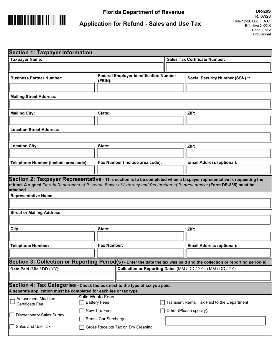 Form DR-26S Application for Refund - Sales and Use Tax - Florida, Page 1