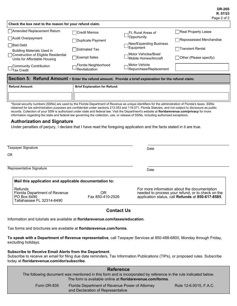 Form DR-26S Application for Refund - Sales and Use Tax - Florida, Page 2