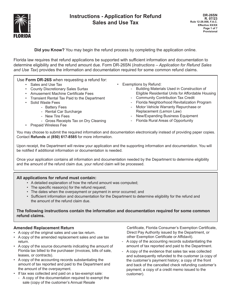 Instructions for Form DR-26S Application for Refund - Sales and Use Tax - Florida, Page 1