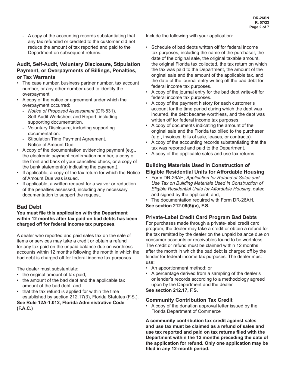 Instructions for Form DR-26S Application for Refund - Sales and Use Tax - Florida, Page 2