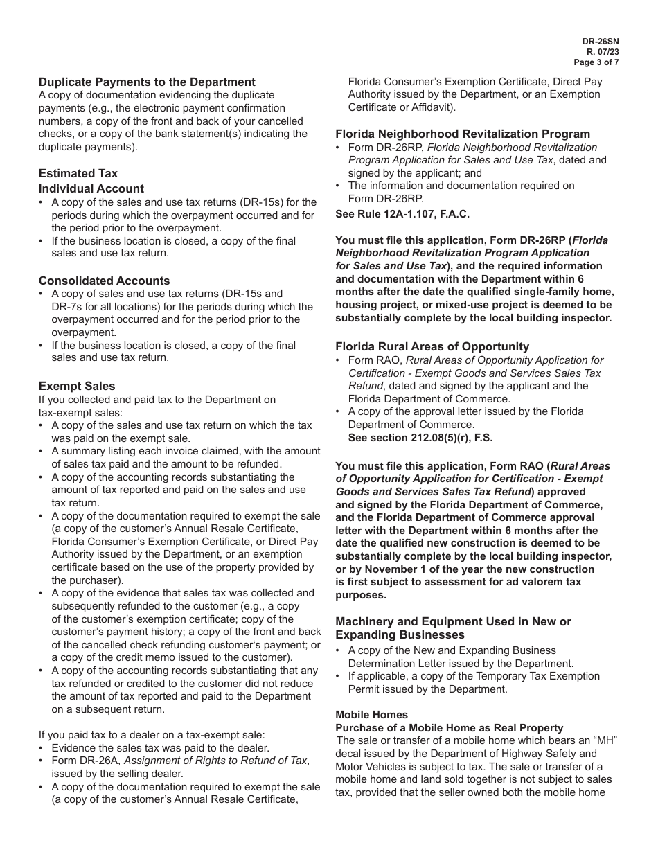 Instructions for Form DR-26S Application for Refund - Sales and Use Tax - Florida, Page 3