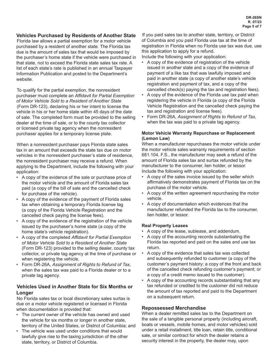 Instructions for Form DR-26S Application for Refund - Sales and Use Tax - Florida, Page 5