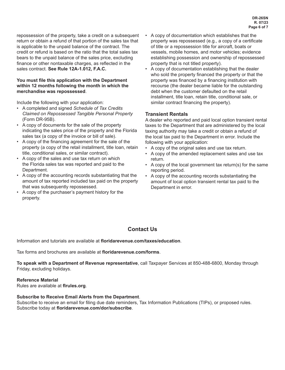 Instructions for Form DR-26S Application for Refund - Sales and Use Tax - Florida, Page 6