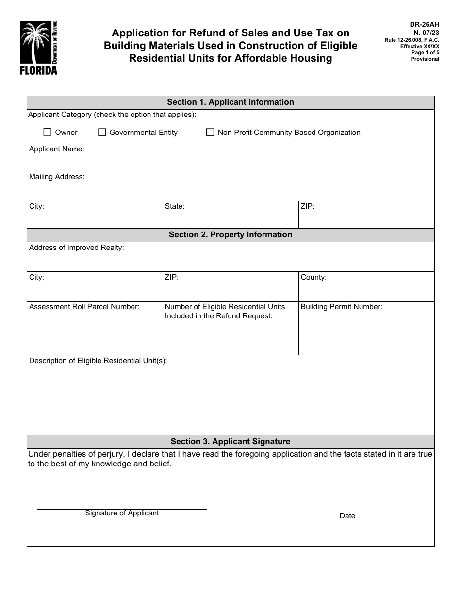 Form DR-26AH Application for Refund of Sales and Use Tax on Building Materials Used in Construction of Eligible Residential Units for Affordable Housing - Florida, Page 1