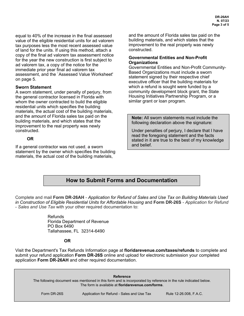Form DR-26AH Application for Refund of Sales and Use Tax on Building Materials Used in Construction of Eligible Residential Units for Affordable Housing - Florida, Page 3