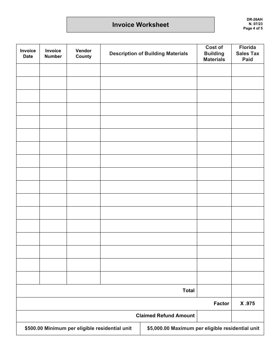 Form DR-26AH Application for Refund of Sales and Use Tax on Building Materials Used in Construction of Eligible Residential Units for Affordable Housing - Florida, Page 4