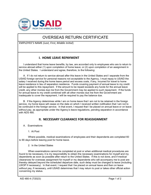 Form AID480-4 Overseas Return Certificate