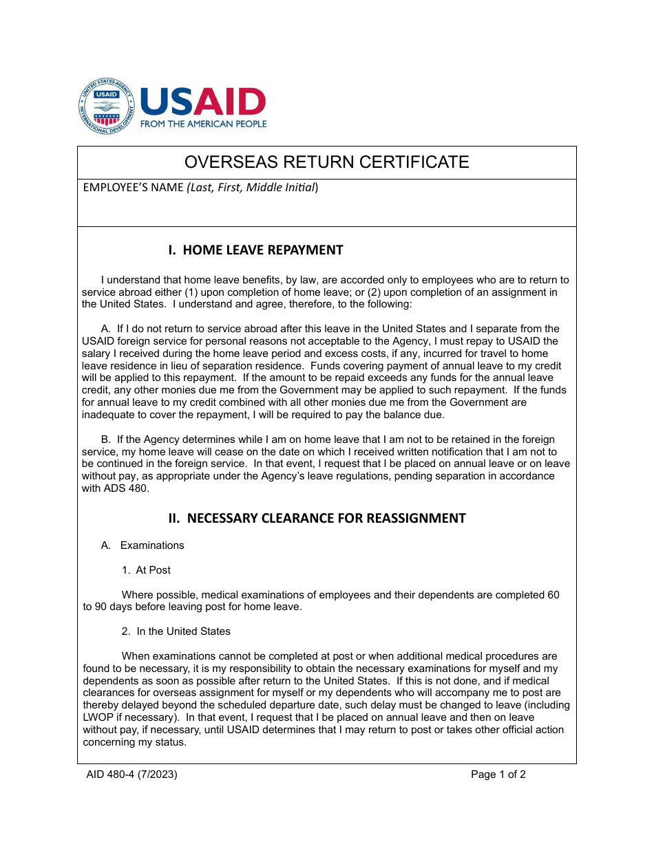 Form AID480-4 Overseas Return Certificate, Page 1