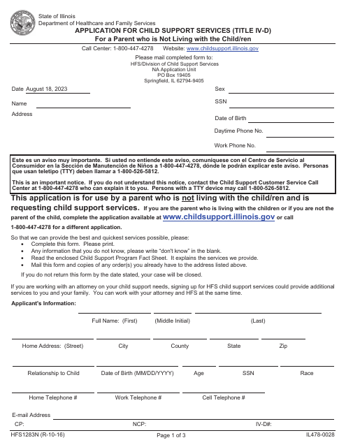 Form HFS1283N Application for Child Support Services (Title IV-D) for a Parent Who Is Not Living With the Child/Ren - Illinois
