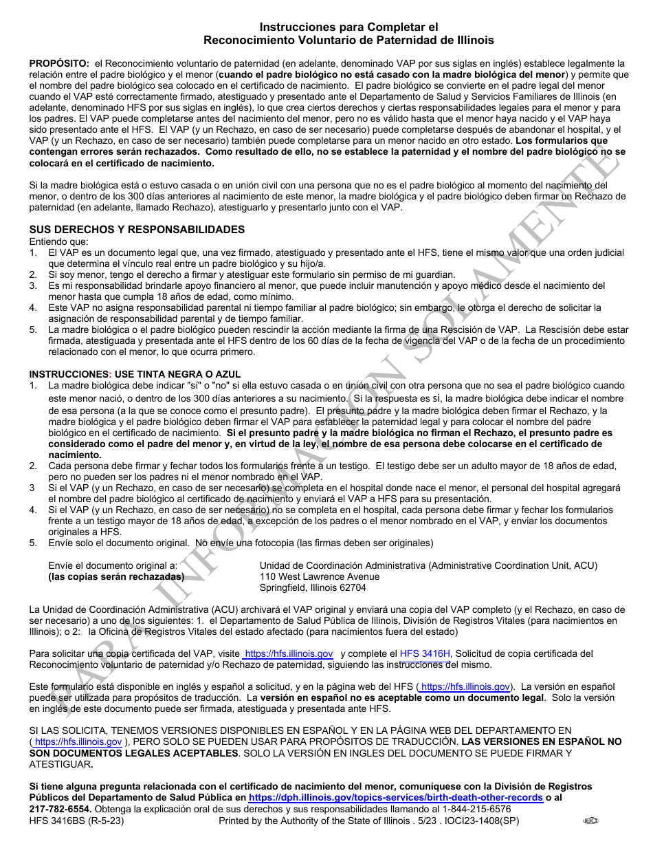 Formulario HFS3416BS Reconocimiento Voluntario De Paternidad De Illinois - Illinois (Spanish), Page 2