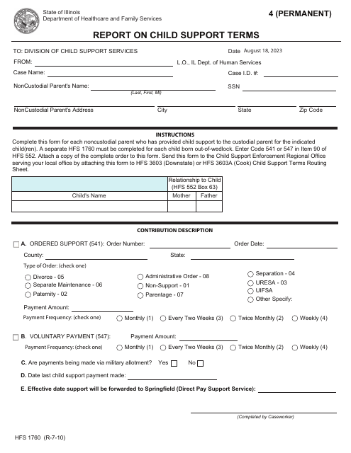 Form HFS1760 Report on Child Support Terms - Illinois