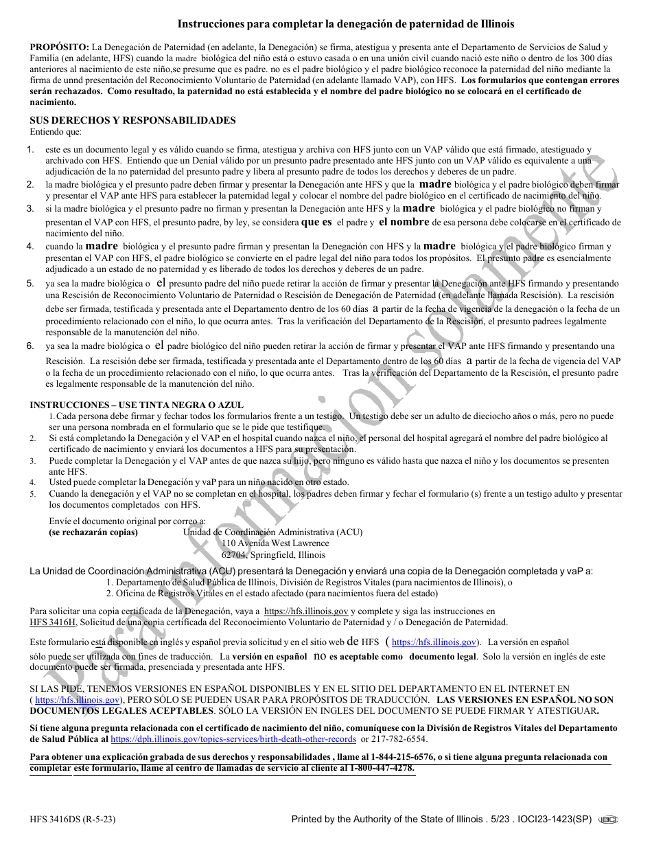 Formulario HFS3416DS Negacion De Paternidad En Illinois - Illinois (Spanish), Page 2