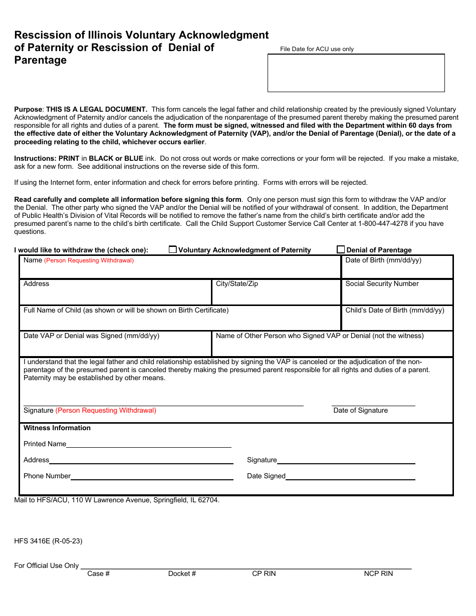 Form HFS3416E Download Fillable PDF or Fill Online Rescission of