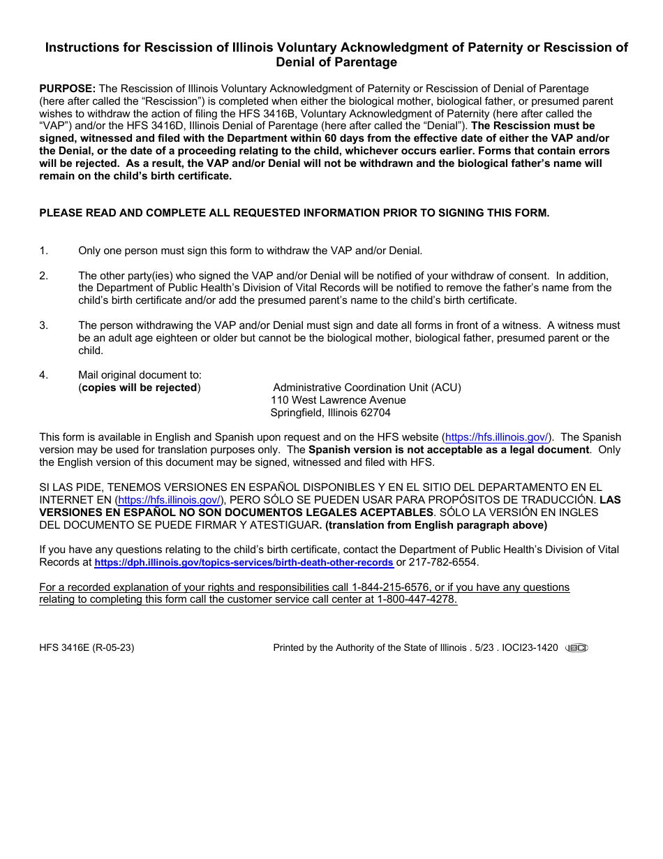 Form HFS3416E Rescission of Illinois Voluntary Acknowledgment of Paternity or Rescission of Denial of Parentage - Illinois, Page 2