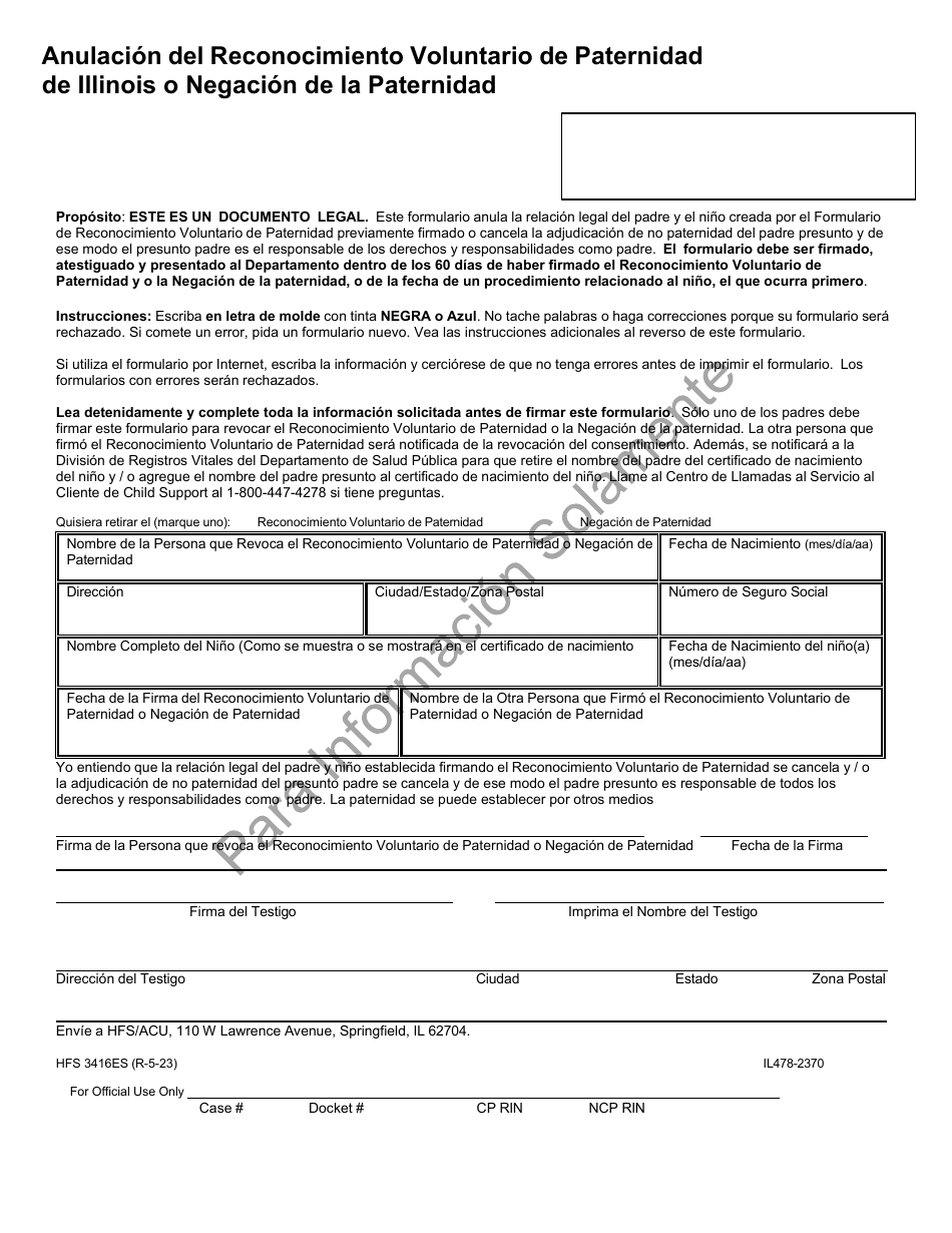 Formulario HFS3416ES Anulacion Del Reconocimiento Voluntario De Paternidad De Illinois O Negacion De La Paternidad - Illinois (Spanish), Page 1