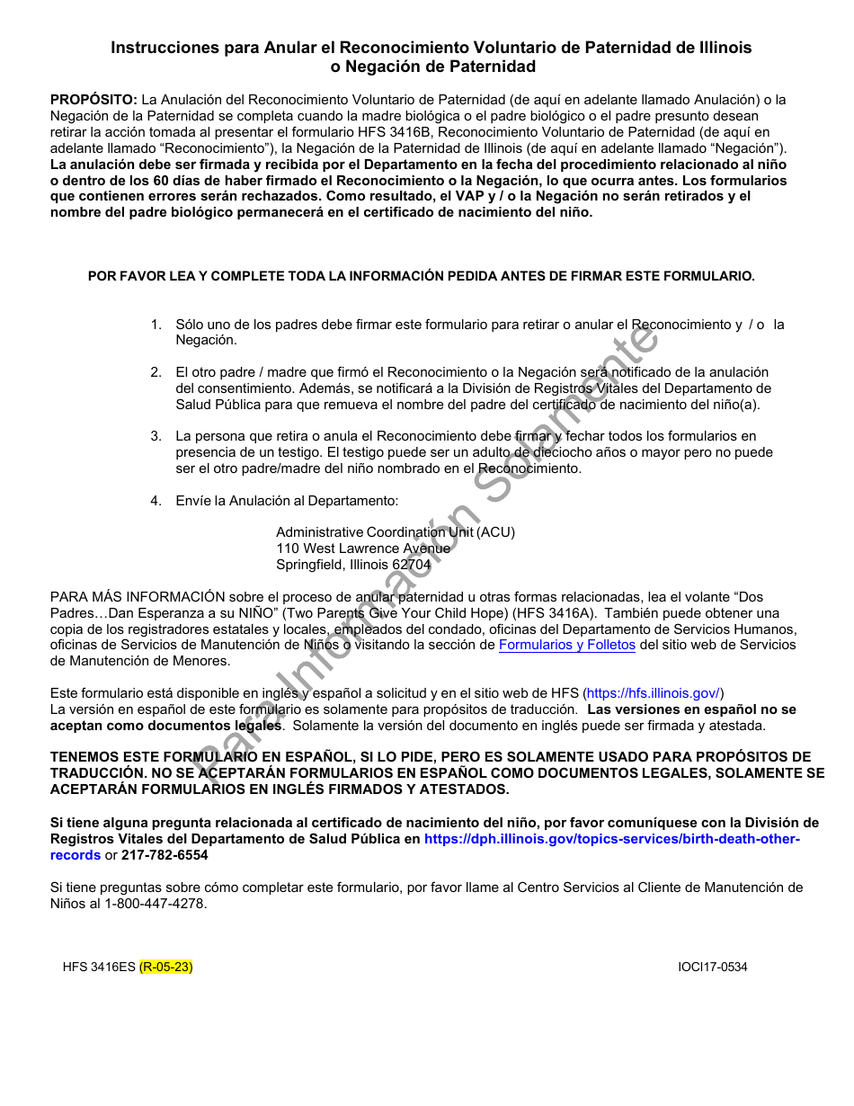 Formulario HFS3416ES Anulacion Del Reconocimiento Voluntario De Paternidad De Illinois O Negacion De La Paternidad - Illinois (Spanish), Page 2