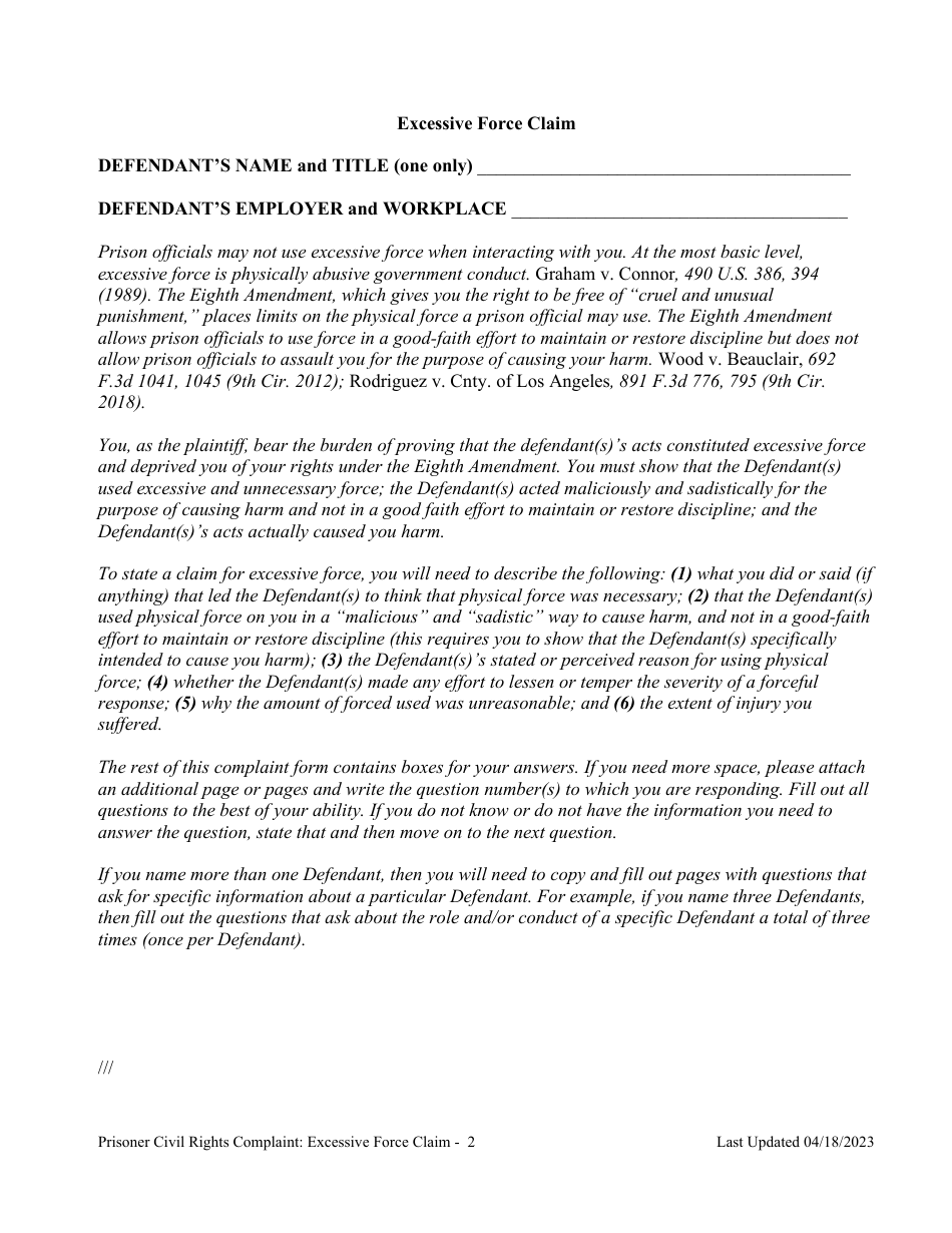 Prisoner Civil Rights Complaint: Excessive Force Claim - Montana, Page 2