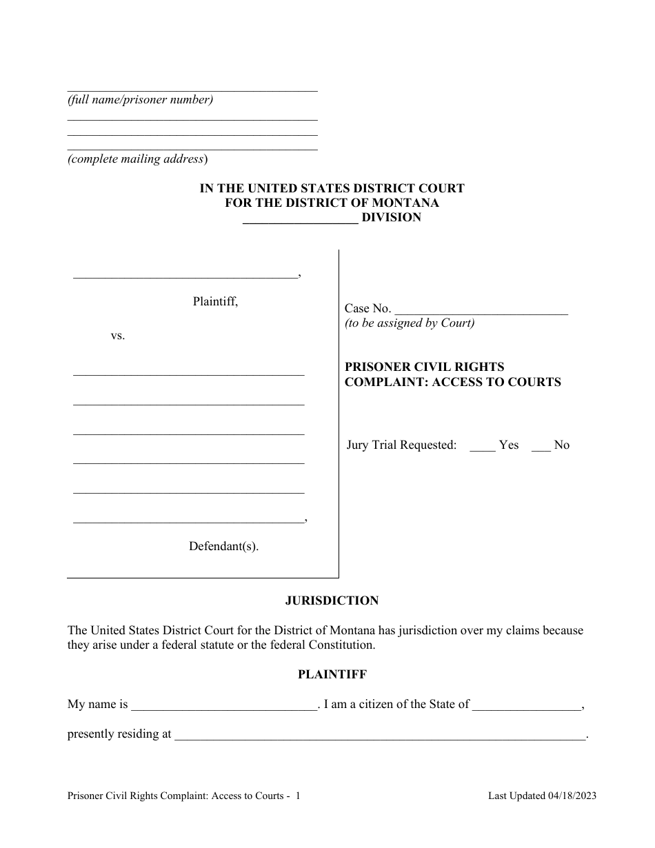 Montana Prisoner Civil Rights Complaint: Access to Courts - Fill Out ...