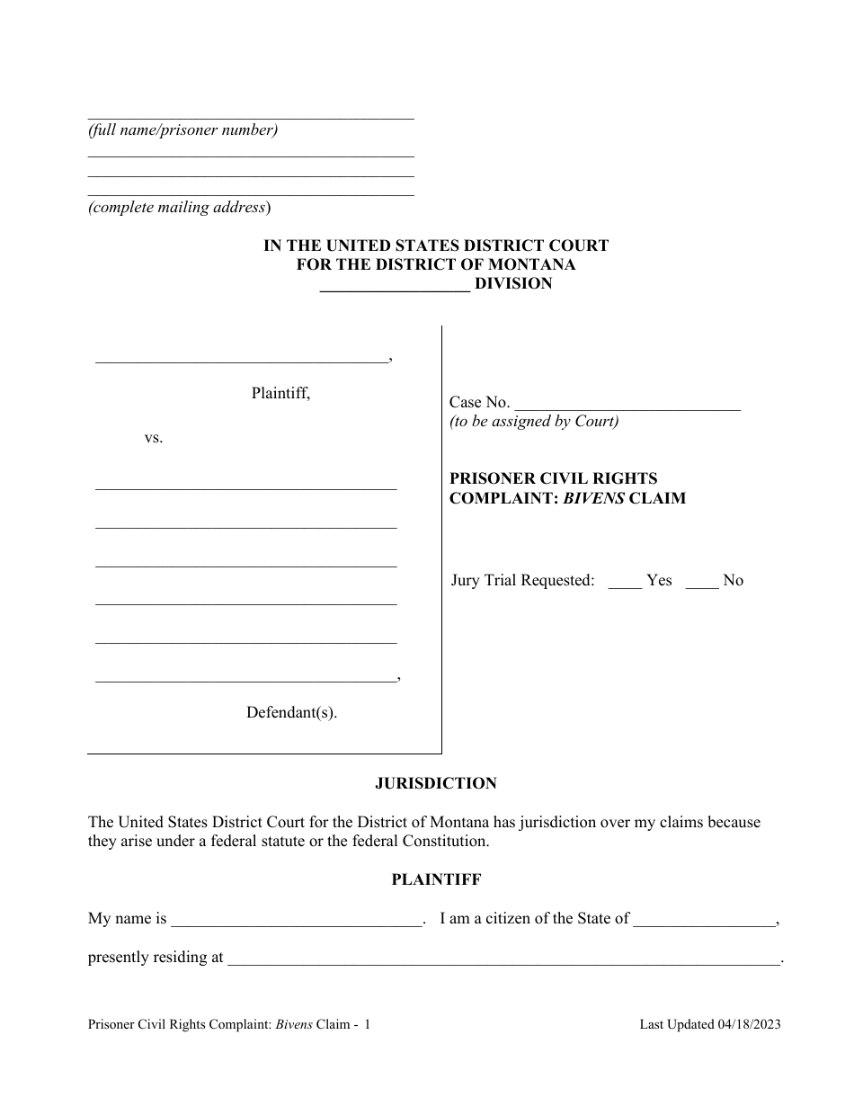 Montana Prisoner Civil Rights Complaint: Bivens Claim - Fill Out, Sign ...