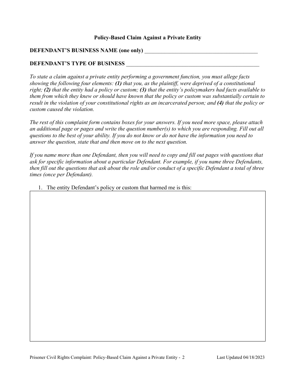 Prisoner Civil Rights Complaint: Policy-Based Claims Against a Private Entity Performing a Government Function That Violated Civil Rights - Montana, Page 2