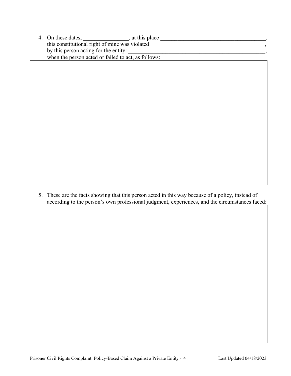 Prisoner Civil Rights Complaint: Policy-Based Claims Against a Private Entity Performing a Government Function That Violated Civil Rights - Montana, Page 4