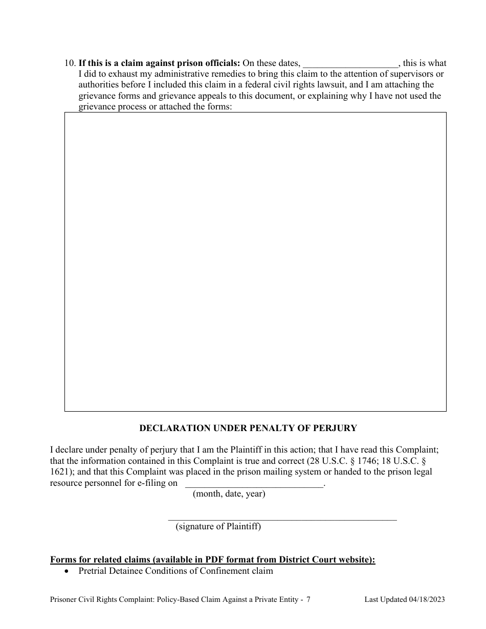 Prisoner Civil Rights Complaint: Policy-Based Claims Against a Private Entity Performing a Government Function That Violated Civil Rights - Montana, Page 7