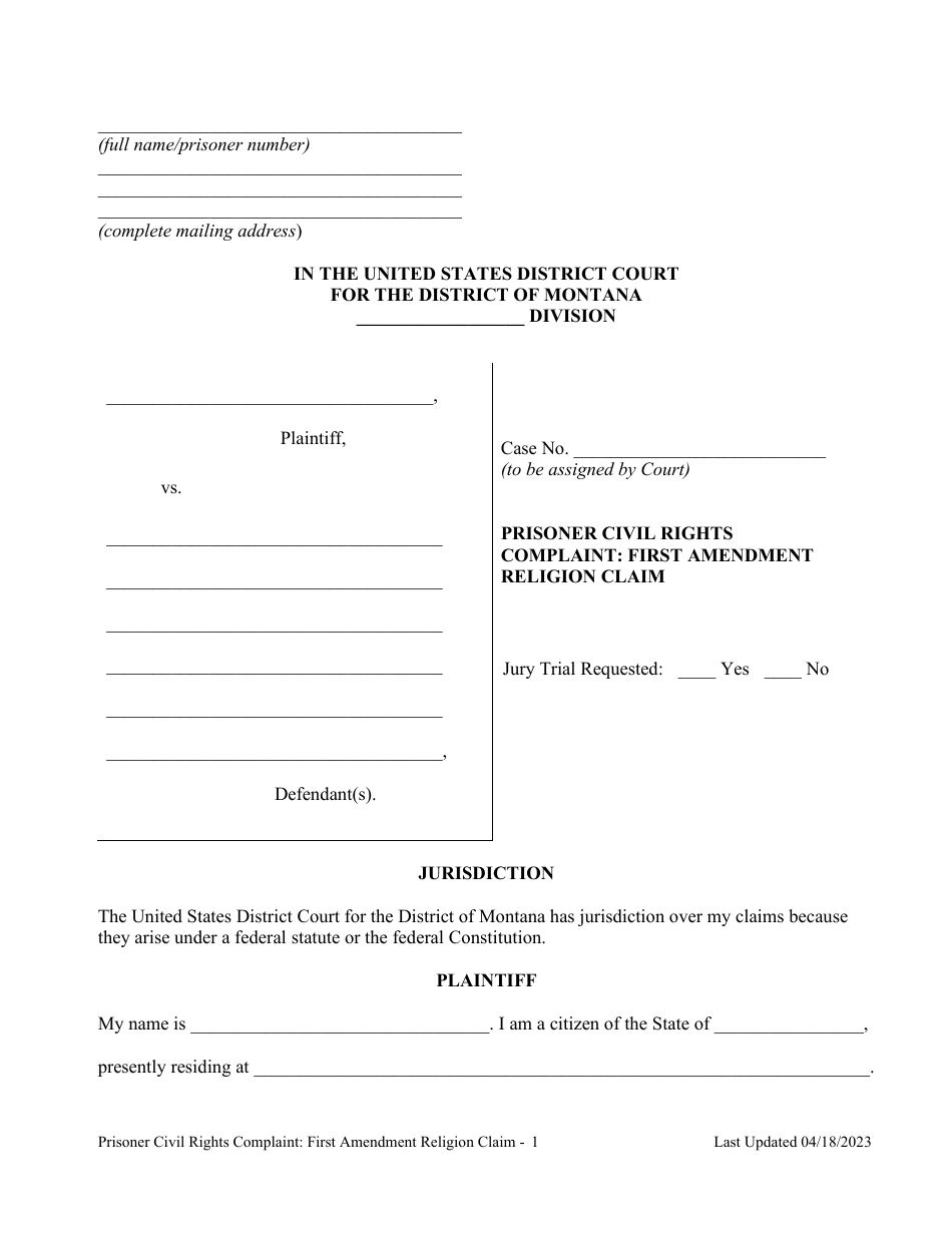 Prisoner Civil Rights Complaint: First Amendment Religion Claim - Montana, Page 1