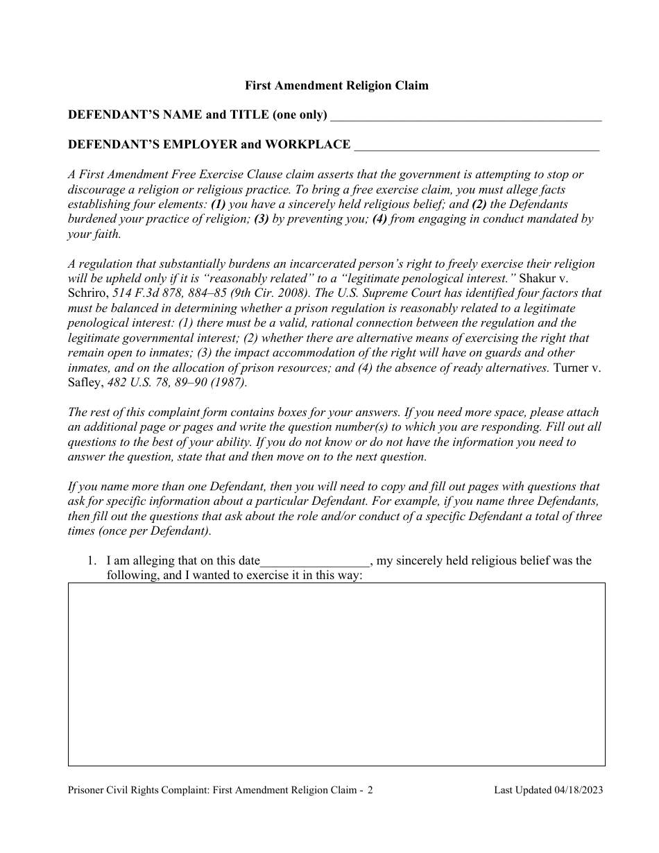 Prisoner Civil Rights Complaint: First Amendment Religion Claim - Montana, Page 2