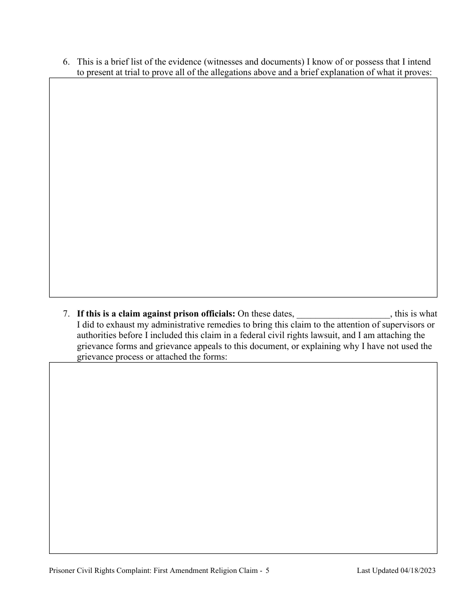 Prisoner Civil Rights Complaint: First Amendment Religion Claim - Montana, Page 5